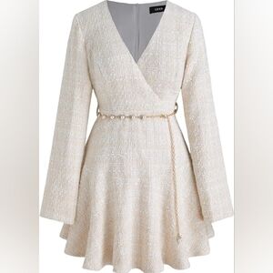 CIDER - Long Sleeve Mini Tweed Dress With Pearl Belt